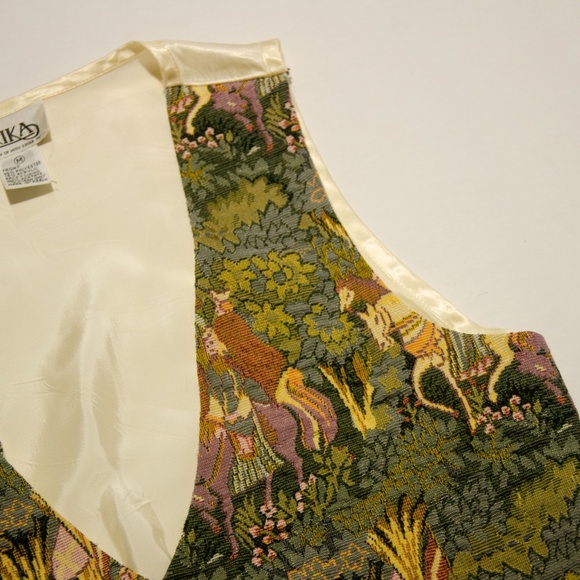 Vintage Tapestry Vest Green 1980's stitched tapestry style renaissance horse sc - Picture 5 of 7